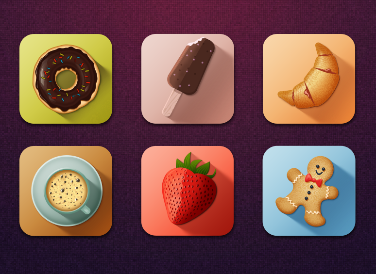 Colorful Long Shadow Tasty Food Icons PSD