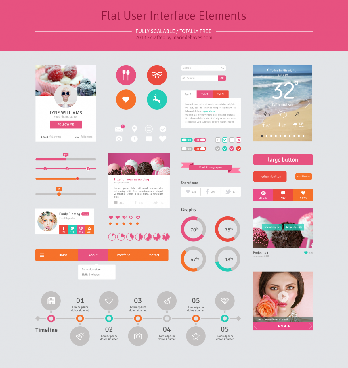 Flat Pink Web UI Elements Kit PSD