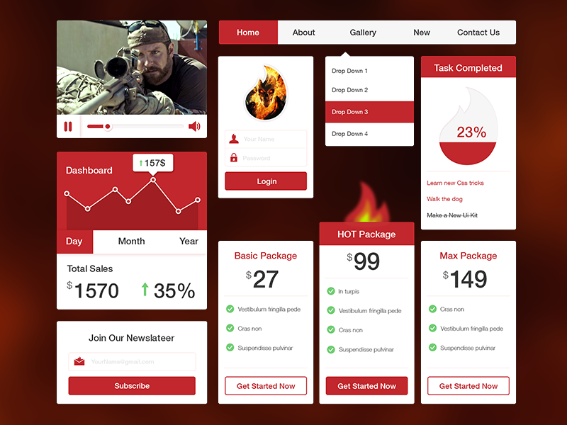 Red Hot Fire UI Kit PSD Freebie